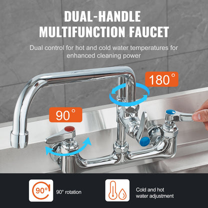 Commercial Faucet with Pre-Rinse Sprayer, 21" Height, 8" Center, 12" Swivel Spout, Wall Mounted Sink Faucet, Brass Constructed Unit with Pull Down Spray, for 1/2/3 Bowl Sink
