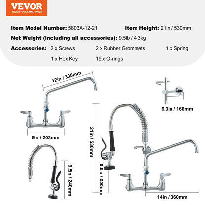 Commercial Faucet with Pre-Rinse Sprayer, 21" Height, 8" Center, 12" Swivel Spout, Wall Mounted Sink Faucet, Brass Constructed Unit with Pull Down Spray, for 1/2/3 Bowl Sink