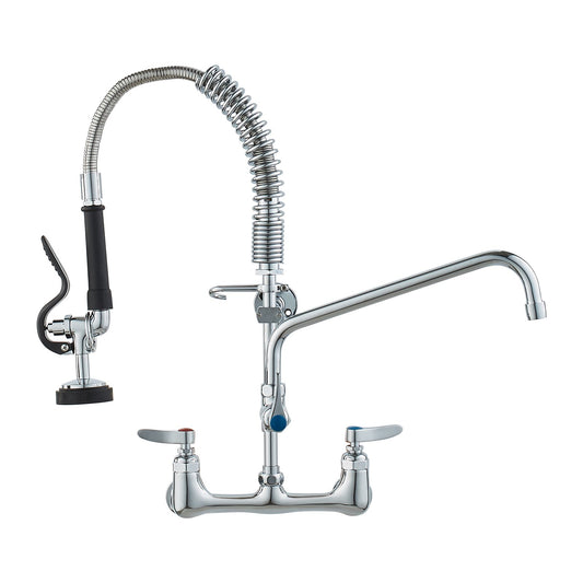 Commercial Faucet with Pre-Rinse Sprayer, 21" Height, 8" Center, 12" Swivel Spout, Wall Mounted Sink Faucet, Brass Constructed Unit with Pull Down Spray, for 1/2/3 Bowl Sink