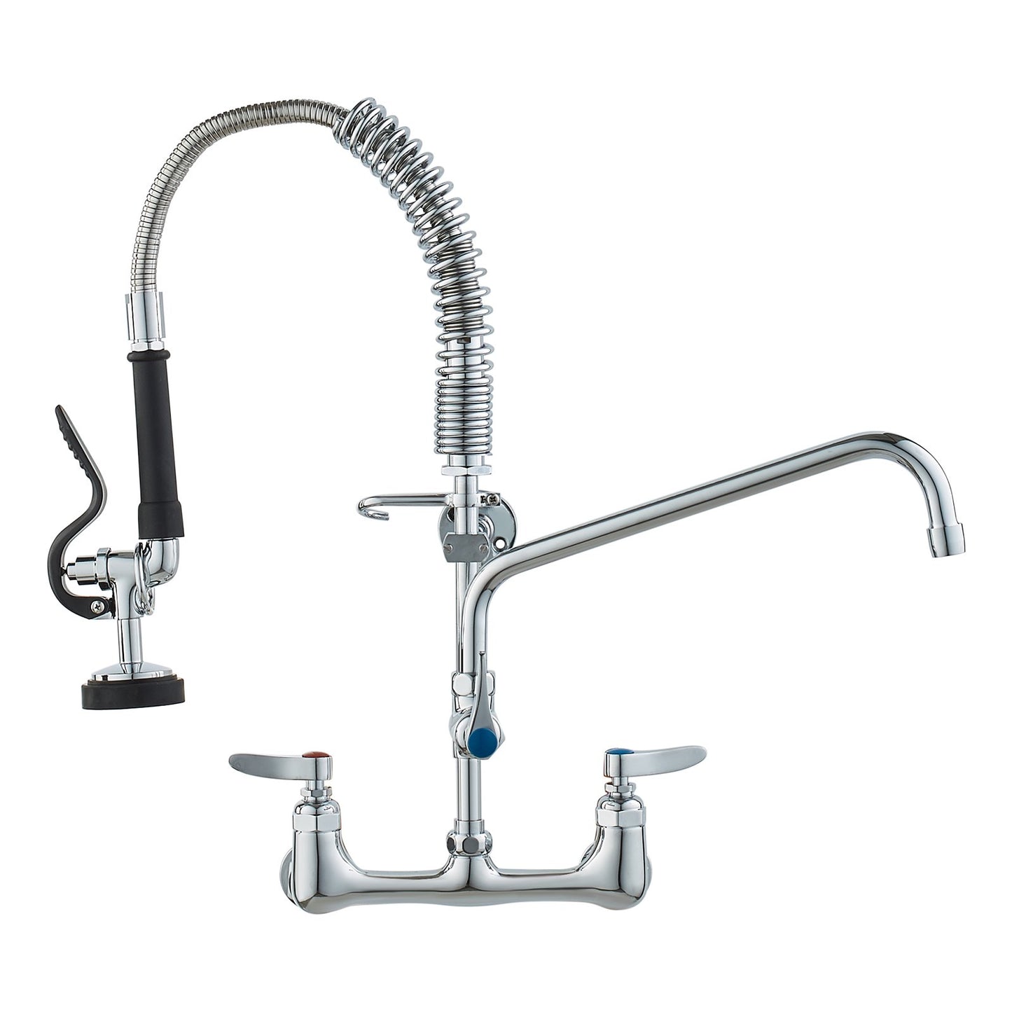 Commercial Faucet with Pre-Rinse Sprayer, 21" Height, 8" Center, 12" Swivel Spout, Wall Mounted Sink Faucet, Brass Constructed Unit with Pull Down Spray, for 1/2/3 Bowl Sink
