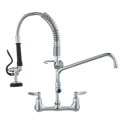 Commercial Faucet with Pre-Rinse Sprayer, 21" Height, 8" Center, 12" Swivel Spout, Wall Mounted Sink Faucet, Brass Constructed Unit with Pull Down Spray, for 1/2/3 Bowl Sink