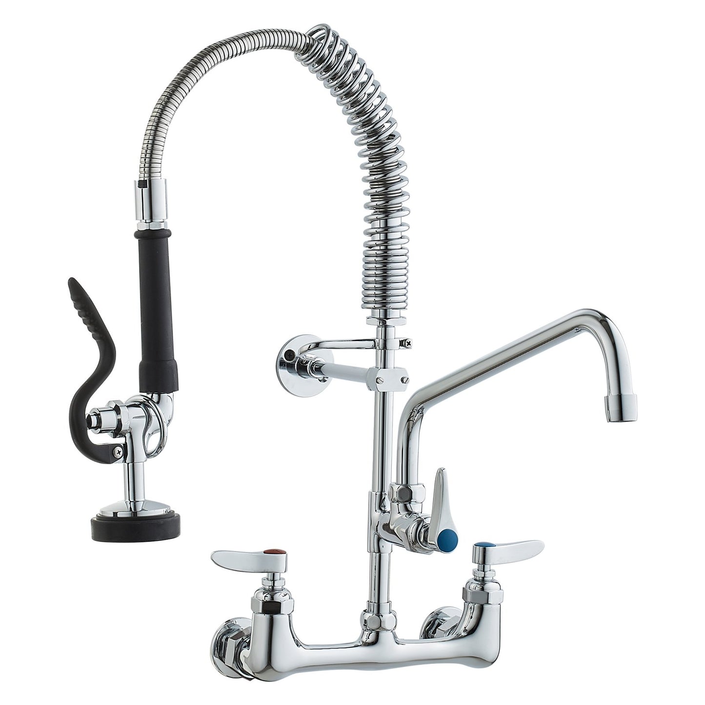 Commercial Faucet with Pre-Rinse Sprayer, 21" Height, 8" Center, 12" Swivel Spout, Wall Mounted Sink Faucet, Brass Constructed Unit with Pull Down Spray, for 1/2/3 Bowl Sink