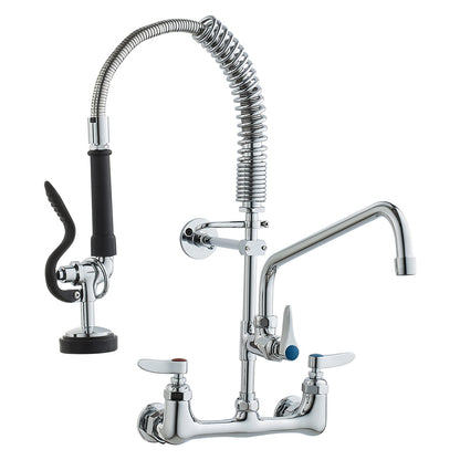 Commercial Faucet with Pre-Rinse Sprayer, 21" Height, 8" Center, 12" Swivel Spout, Wall Mounted Sink Faucet, Brass Constructed Unit with Pull Down Spray, for 1/2/3 Bowl Sink
