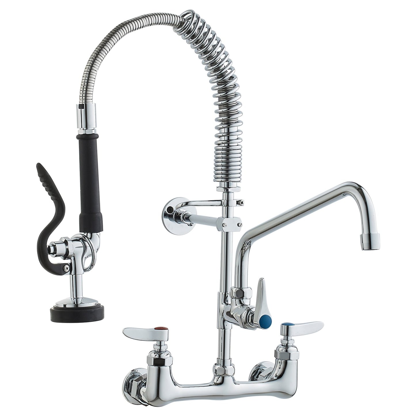 Commercial Faucet with Pre-Rinse Sprayer, 21" Height, 8" Center, 12" Swivel Spout, Wall Mounted Sink Faucet, Brass Constructed Unit with Pull Down Spray, for 1/2/3 Bowl Sink