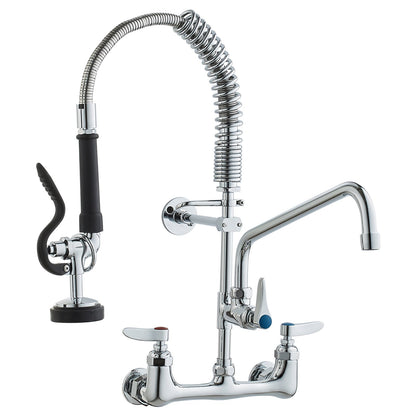 Commercial Faucet with Pre-Rinse Sprayer, 21" Height, 8" Center, 12" Swivel Spout, Wall Mounted Sink Faucet, Brass Constructed Unit with Pull Down Spray, for 1/2/3 Bowl Sink