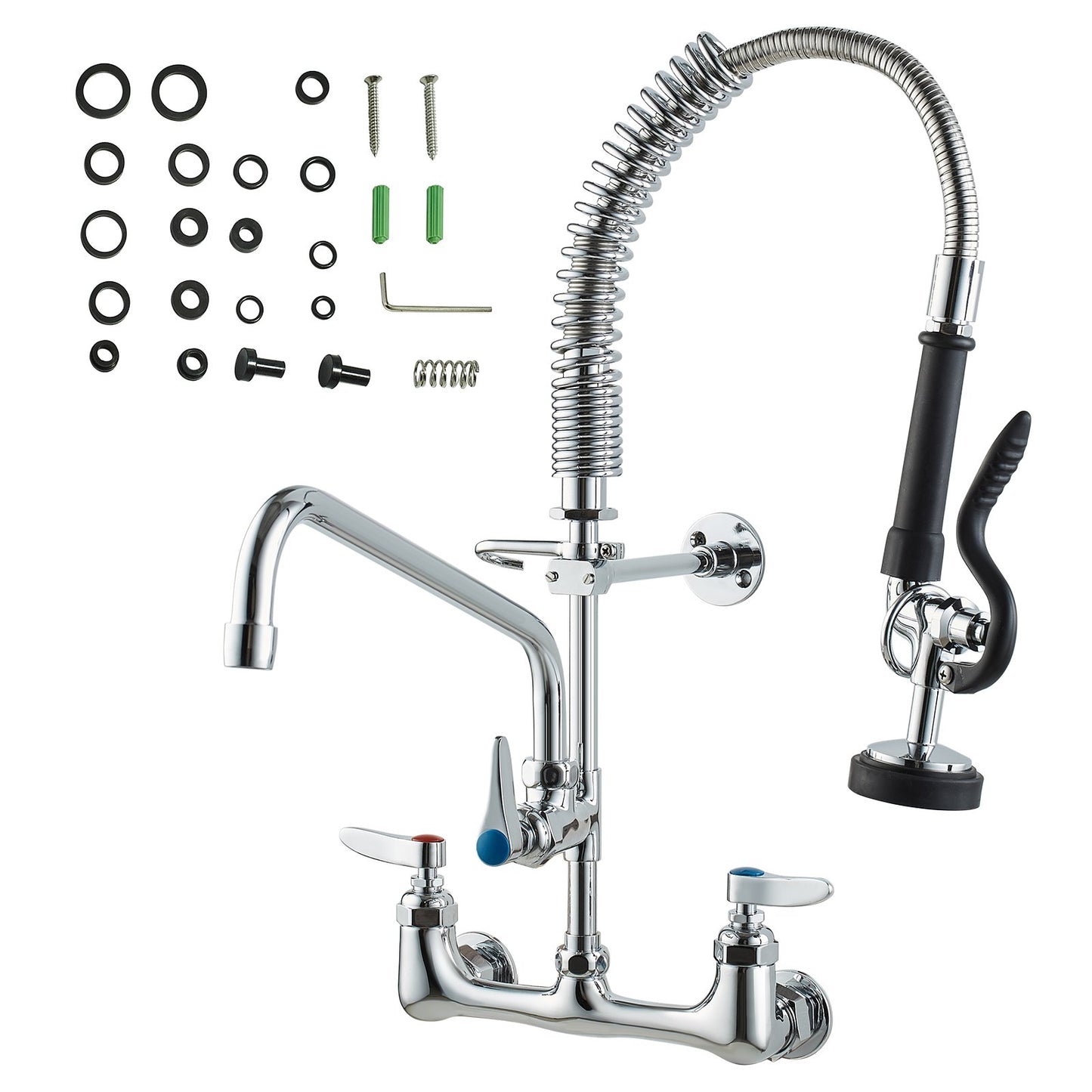 Commercial Faucet with Pre-Rinse Sprayer, 21" Height, 8" Center, 12" Swivel Spout, Wall Mounted Sink Faucet, Brass Constructed Unit with Pull Down Spray, for 1/2/3 Bowl Sink