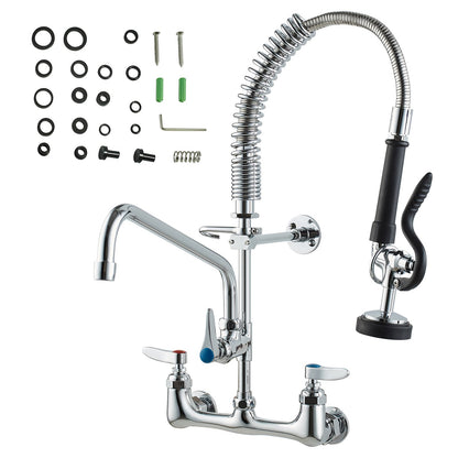 Commercial Faucet with Pre-Rinse Sprayer, 21" Height, 8" Center, 12" Swivel Spout, Wall Mounted Sink Faucet, Brass Constructed Unit with Pull Down Spray, for 1/2/3 Bowl Sink