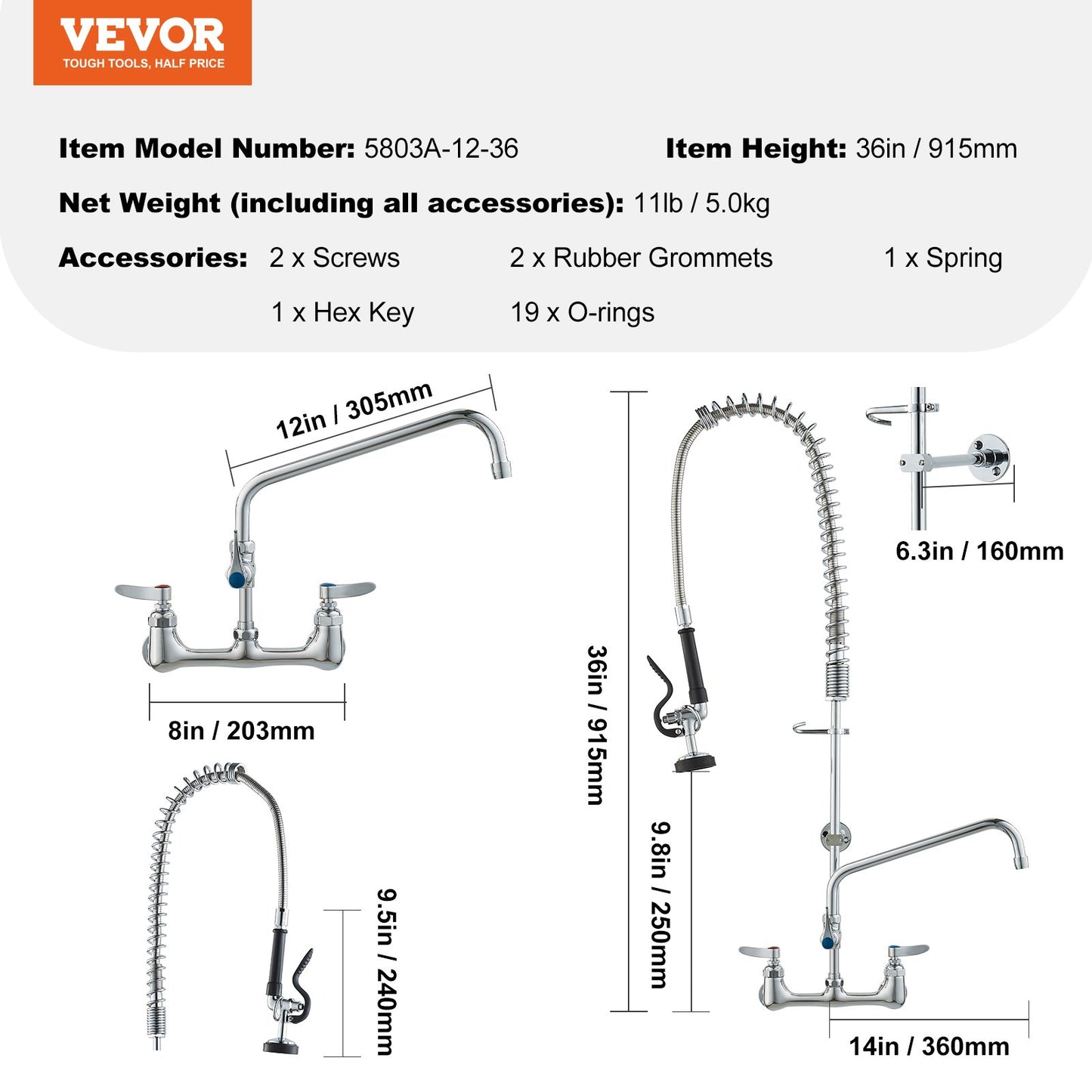 Commercial Faucet with Pre-Rinse Sprayer, 36" Height, 8" Center, 12" Swivel Spout, Wall Mounted Sink Faucet, Brass Constructed Unit with Pull Down Spray, for 1/2/3 Bowl Sink