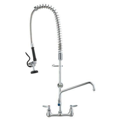 Commercial Faucet with Pre-Rinse Sprayer, 36" Height, 8" Center, 12" Swivel Spout, Wall Mounted Sink Faucet, Brass Constructed Unit with Pull Down Spray, for 1/2/3 Bowl Sink