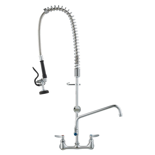Commercial Faucet with Pre-Rinse Sprayer, 36" Height, 8" Center, 12" Swivel Spout, Wall Mounted Sink Faucet, Brass Constructed Unit with Pull Down Spray, for 1/2/3 Bowl Sink