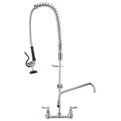 Commercial Faucet with Pre-Rinse Sprayer, 36" Height, 8" Center, 12" Swivel Spout, Wall Mounted Sink Faucet, Brass Constructed Unit with Pull Down Spray, for 1/2/3 Bowl Sink