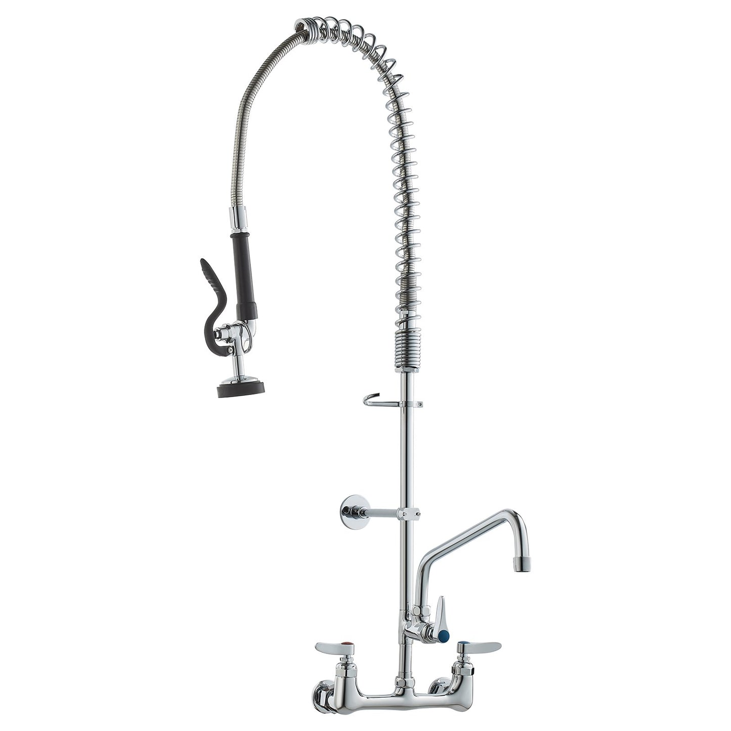 Commercial Faucet with Pre-Rinse Sprayer, 36" Height, 8" Center, 12" Swivel Spout, Wall Mounted Sink Faucet, Brass Constructed Unit with Pull Down Spray, for 1/2/3 Bowl Sink