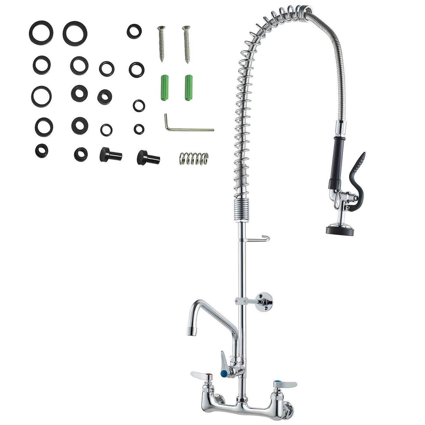 Commercial Faucet with Pre-Rinse Sprayer, 36" Height, 8" Center, 12" Swivel Spout, Wall Mounted Sink Faucet, Brass Constructed Unit with Pull Down Spray, for 1/2/3 Bowl Sink