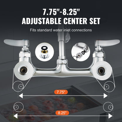 Commercial Faucet with Pre-Rinse Sprayer, 25" Height, 8" Center, 12" Swivel Spout, Wall Mounted Sink Faucet, Brass Constructed Unit with Pull Down Spray, for 1/2/3 Bowl Sink