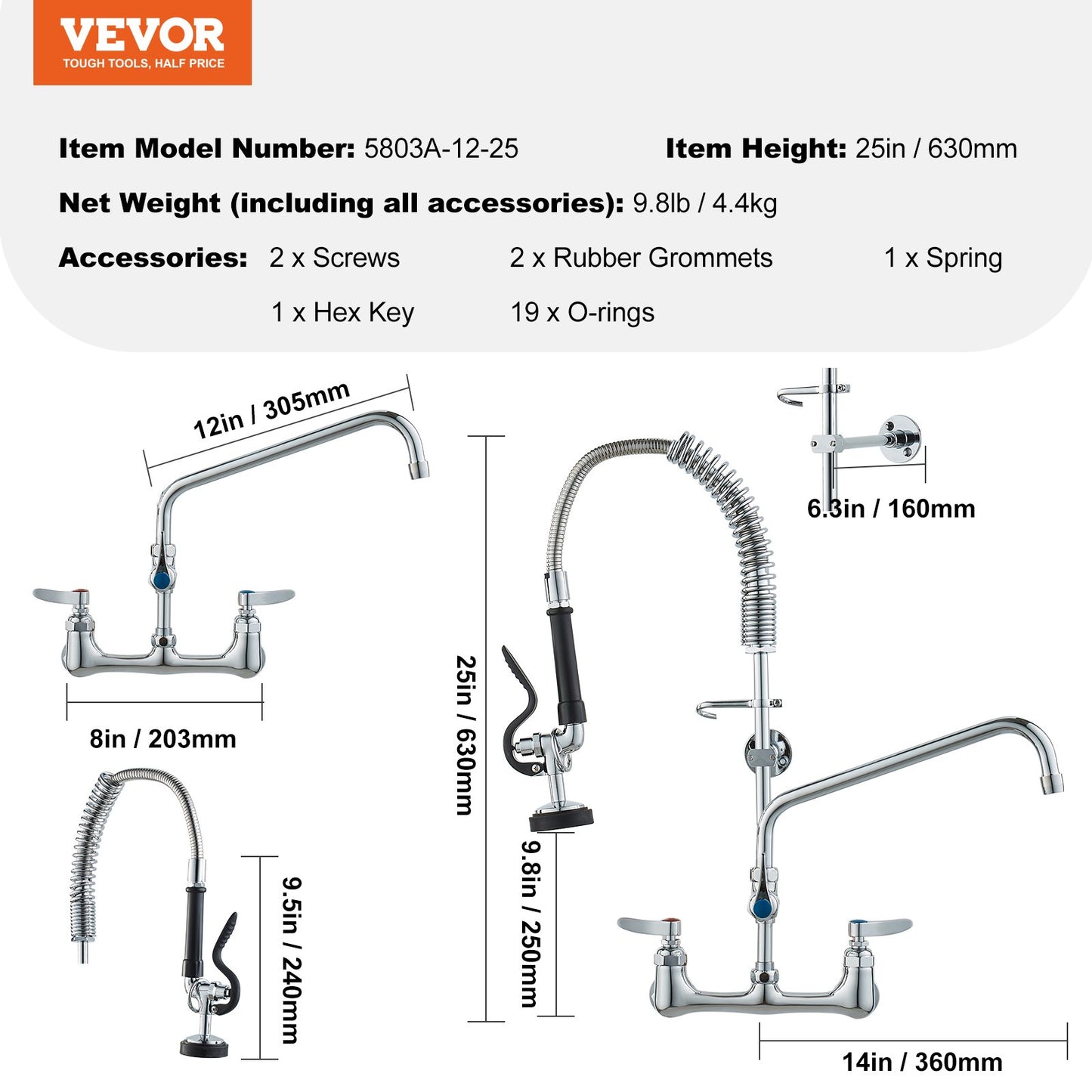 Commercial Faucet with Pre-Rinse Sprayer, 25" Height, 8" Center, 12" Swivel Spout, Wall Mounted Sink Faucet, Brass Constructed Unit with Pull Down Spray, for 1/2/3 Bowl Sink