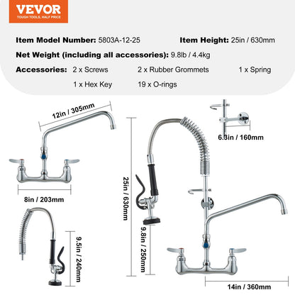 Commercial Faucet with Pre-Rinse Sprayer, 25" Height, 8" Center, 12" Swivel Spout, Wall Mounted Sink Faucet, Brass Constructed Unit with Pull Down Spray, for 1/2/3 Bowl Sink