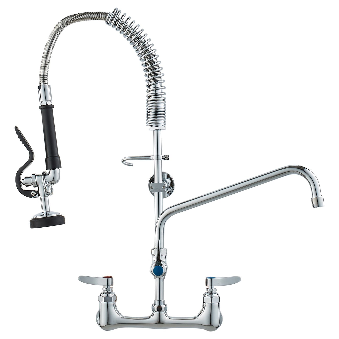 Commercial Faucet with Pre-Rinse Sprayer, 25" Height, 8" Center, 12" Swivel Spout, Wall Mounted Sink Faucet, Brass Constructed Unit with Pull Down Spray, for 1/2/3 Bowl Sink