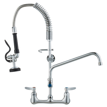 Commercial Faucet with Pre-Rinse Sprayer, 25" Height, 8" Center, 12" Swivel Spout, Wall Mounted Sink Faucet, Brass Constructed Unit with Pull Down Spray, for 1/2/3 Bowl Sink