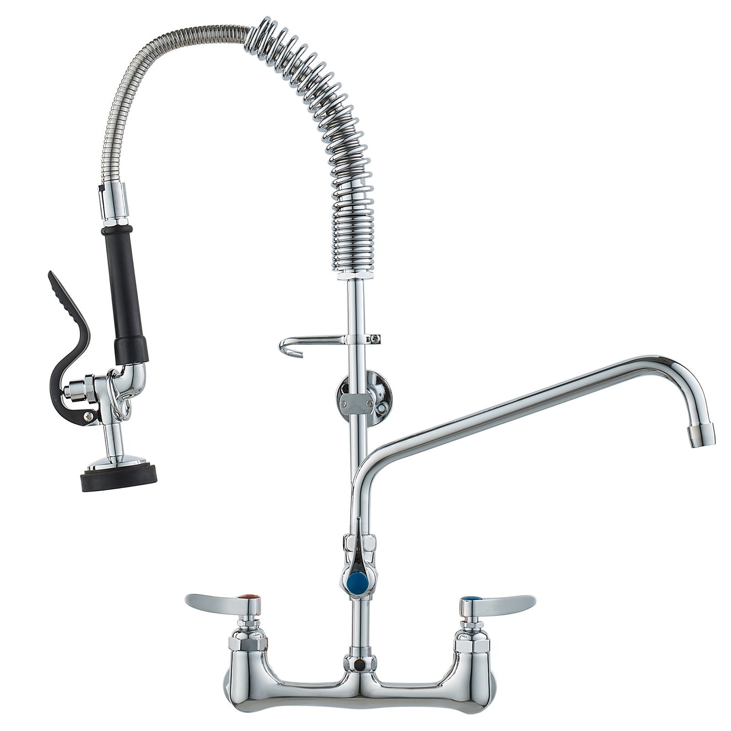 Commercial Faucet with Pre-Rinse Sprayer, 25" Height, 8" Center, 12" Swivel Spout, Wall Mounted Sink Faucet, Brass Constructed Unit with Pull Down Spray, for 1/2/3 Bowl Sink