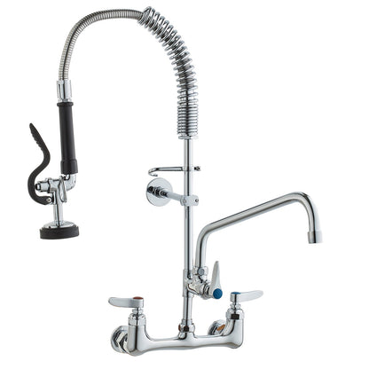 Commercial Faucet with Pre-Rinse Sprayer, 25" Height, 8" Center, 12" Swivel Spout, Wall Mounted Sink Faucet, Brass Constructed Unit with Pull Down Spray, for 1/2/3 Bowl Sink