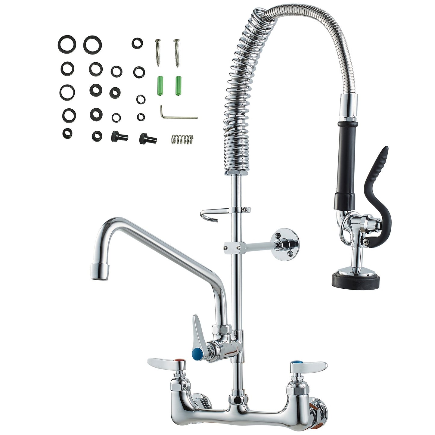 Commercial Faucet with Pre-Rinse Sprayer, 25" Height, 8" Center, 12" Swivel Spout, Wall Mounted Sink Faucet, Brass Constructed Unit with Pull Down Spray, for 1/2/3 Bowl Sink