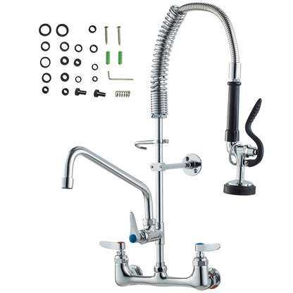 Commercial Faucet with Pre-Rinse Sprayer, 25" Height, 8" Center, 12" Swivel Spout, Wall Mounted Sink Faucet, Brass Constructed Unit with Pull Down Spray, for 1/2/3 Bowl Sink