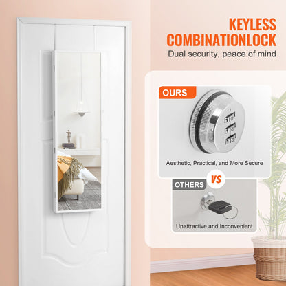 Spegel Smyckesskåp 47,05 tum Låsbar vägg- eller dörrmonterad Armoire Vit