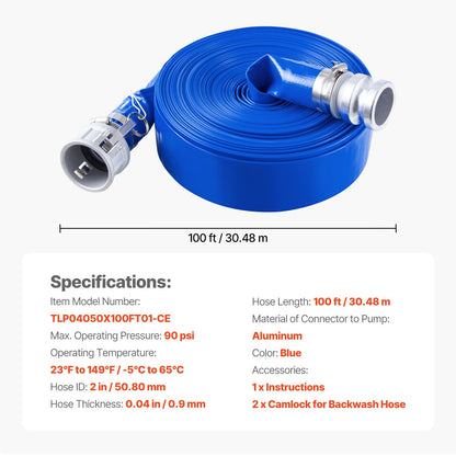Backwash Hose 2 in x 100 ft Blue high quality hose complete with fittings