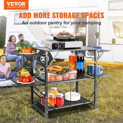 Camping-Küchentisch, einteilige, faltbare, tragbare Kochstation mit Tragetasche, Aluminium-Campingtisch, 4 Beistelltische aus Eisen und 2 Ablagen, perfekt für Picknicks im Freien, Grillen, Camping, Reisen mit dem Wohnmobil
