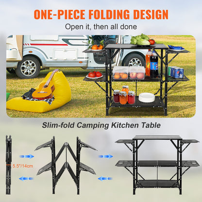 Camping-Küchentisch, einteilige, faltbare, tragbare Kochstation mit Tragetasche, Aluminium-Campingtisch, 4 Beistelltische aus Eisen und 2 Ablagen, perfekt für Picknicks im Freien, Grillen, Camping, Reisen mit dem Wohnmobil