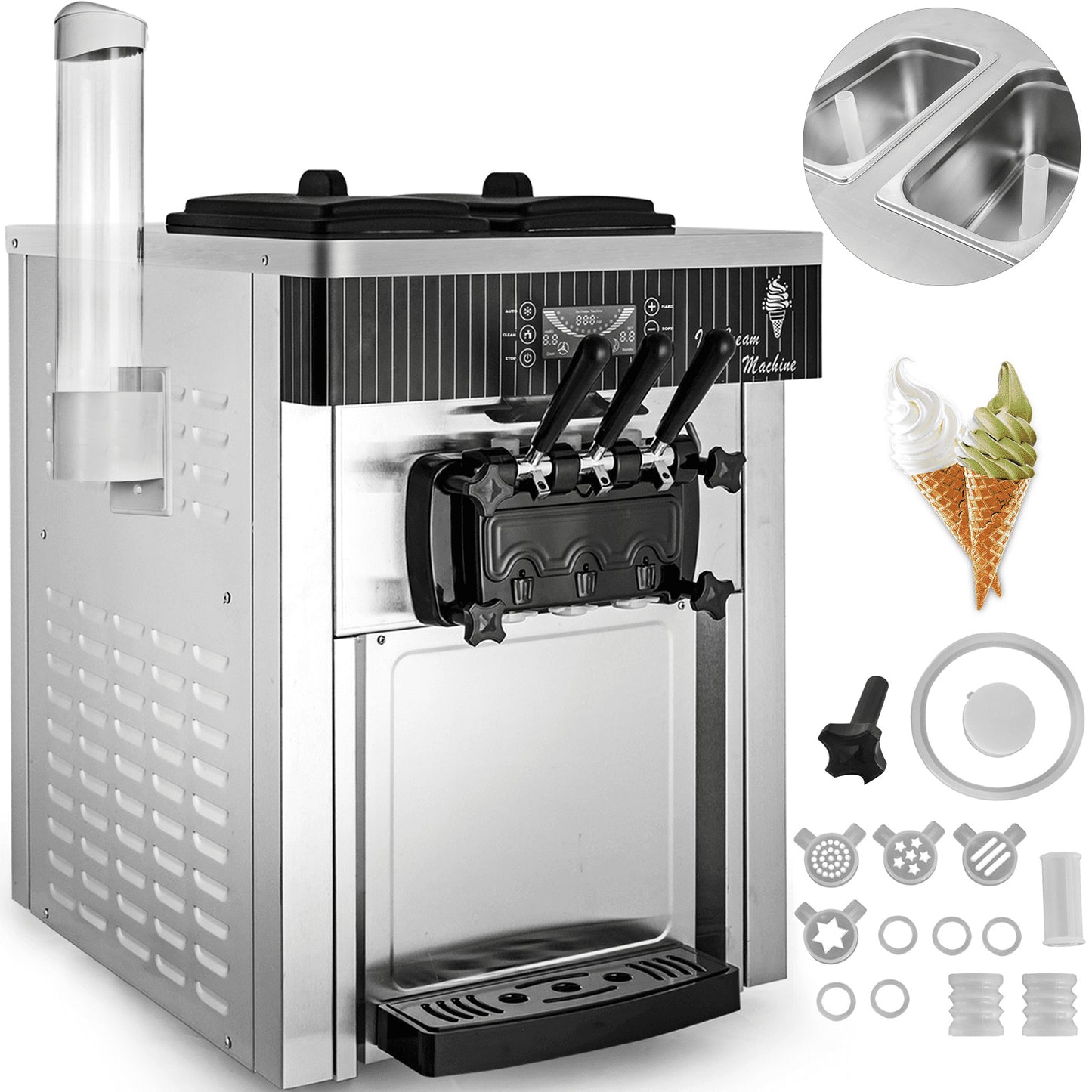 Mjukglassmaskin 2200W kommersiell bänkskiva mjukglassmaskin 5,3 till 7,4 liter per timme Glassmaskin för restauranger Barer Caféer Bagerier