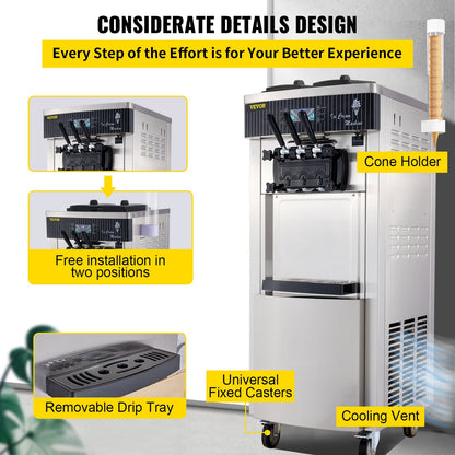 Mjukglassmaskin 2200W kommersiell vertikal mjukglassmaskin 5,3 till 7,4 liter per timme Glassmaskin för restauranger Barer Caféer Bagerier