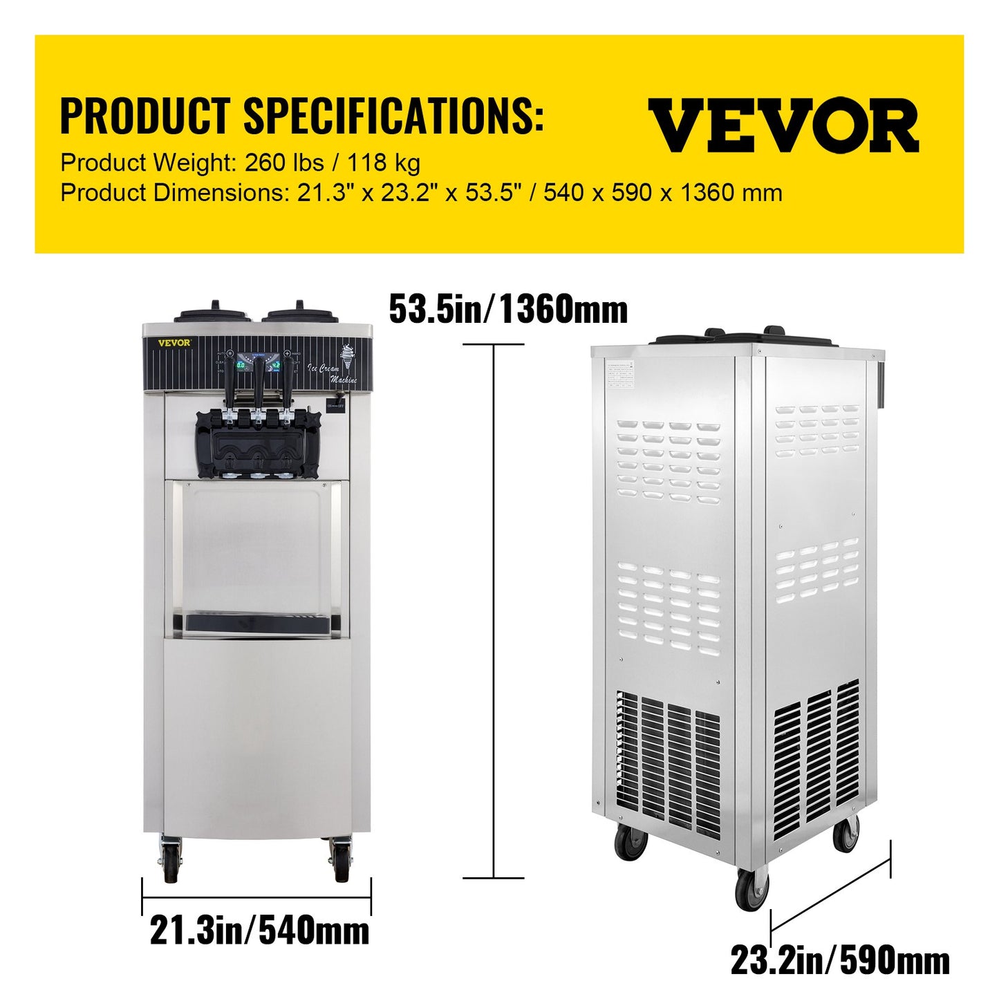 Mjukglassmaskin 2200W kommersiell vertikal mjukglassmaskin 5,3 till 7,4 liter per timme Glassmaskin för restauranger Barer Caféer Bagerier
