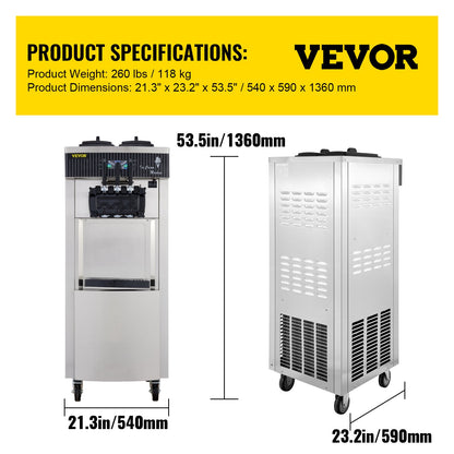 Mjukglassmaskin 2200W kommersiell vertikal mjukglassmaskin 5,3 till 7,4 liter per timme Glassmaskin för restauranger Barer Caféer Bagerier