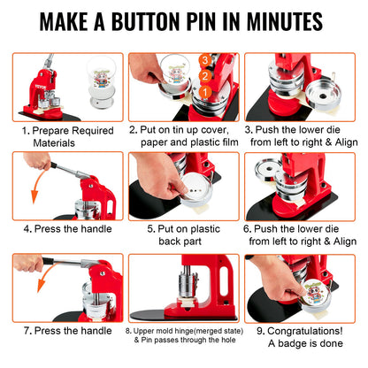 Button Maker Machine Badge Pin Machine 1,25" 32MM 500 Free Parts Press Kit