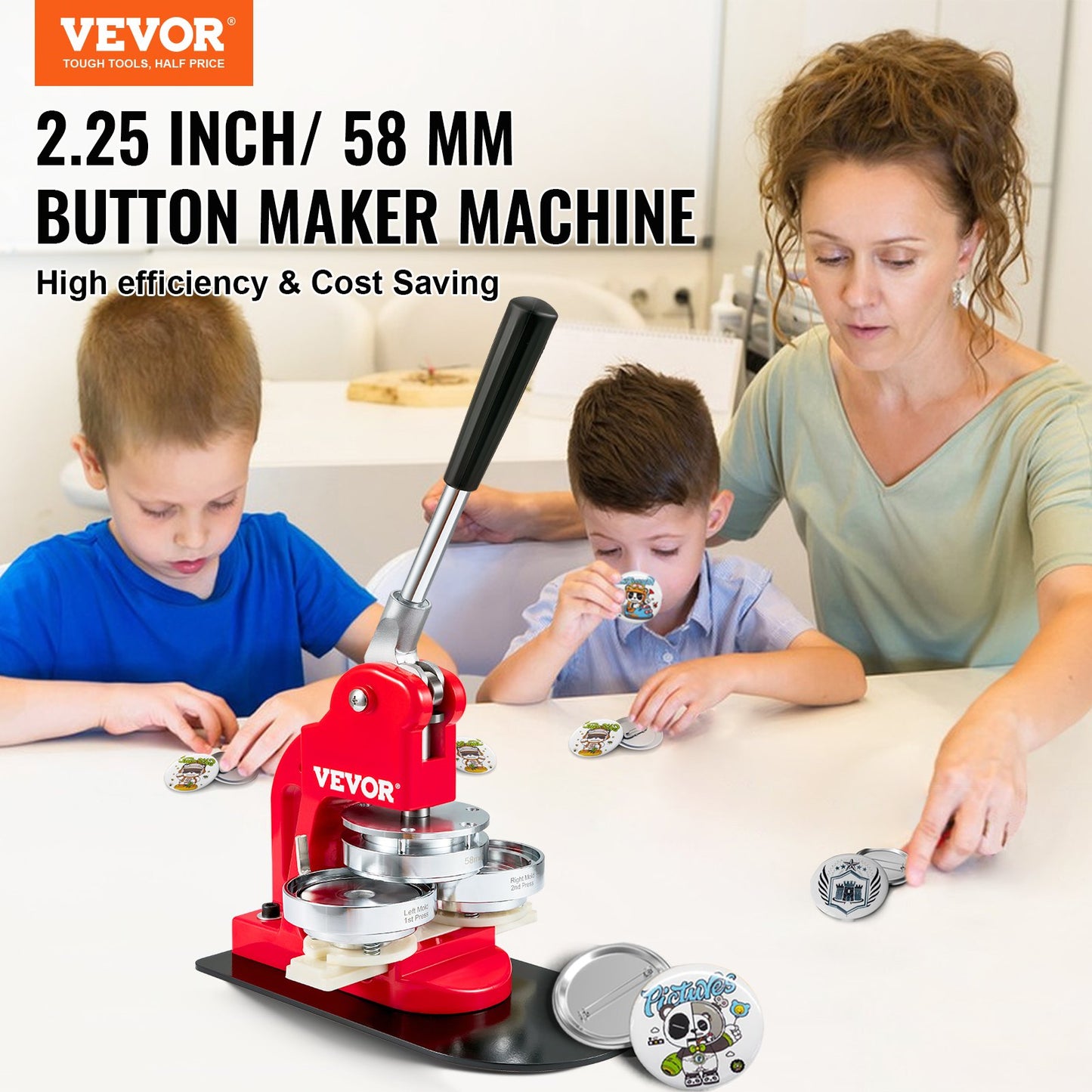 Button Maker Machine, 58 mm (2,25 tum) Badge Punch Press Kit, Barn DIY-presenter Pin Maker, Tillbehör för knapptillverkning med 500 st knappdelar & cirkelskärare och magisk bok