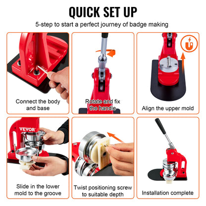 Button Maker Machine, 58 mm (2,25 tum) Badge Punch Press Kit, Barn DIY-presenter Pin Maker, Tillbehör för knapptillverkning med 500 st knappdelar & cirkelskärare och magisk bok
