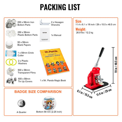 Button Maker Machine, 58 mm (2,25 tum) Badge Punch Press Kit, Barn DIY-presenter Pin Maker, Tillbehör för knapptillverkning med 500 st knappdelar & cirkelskärare och magisk bok