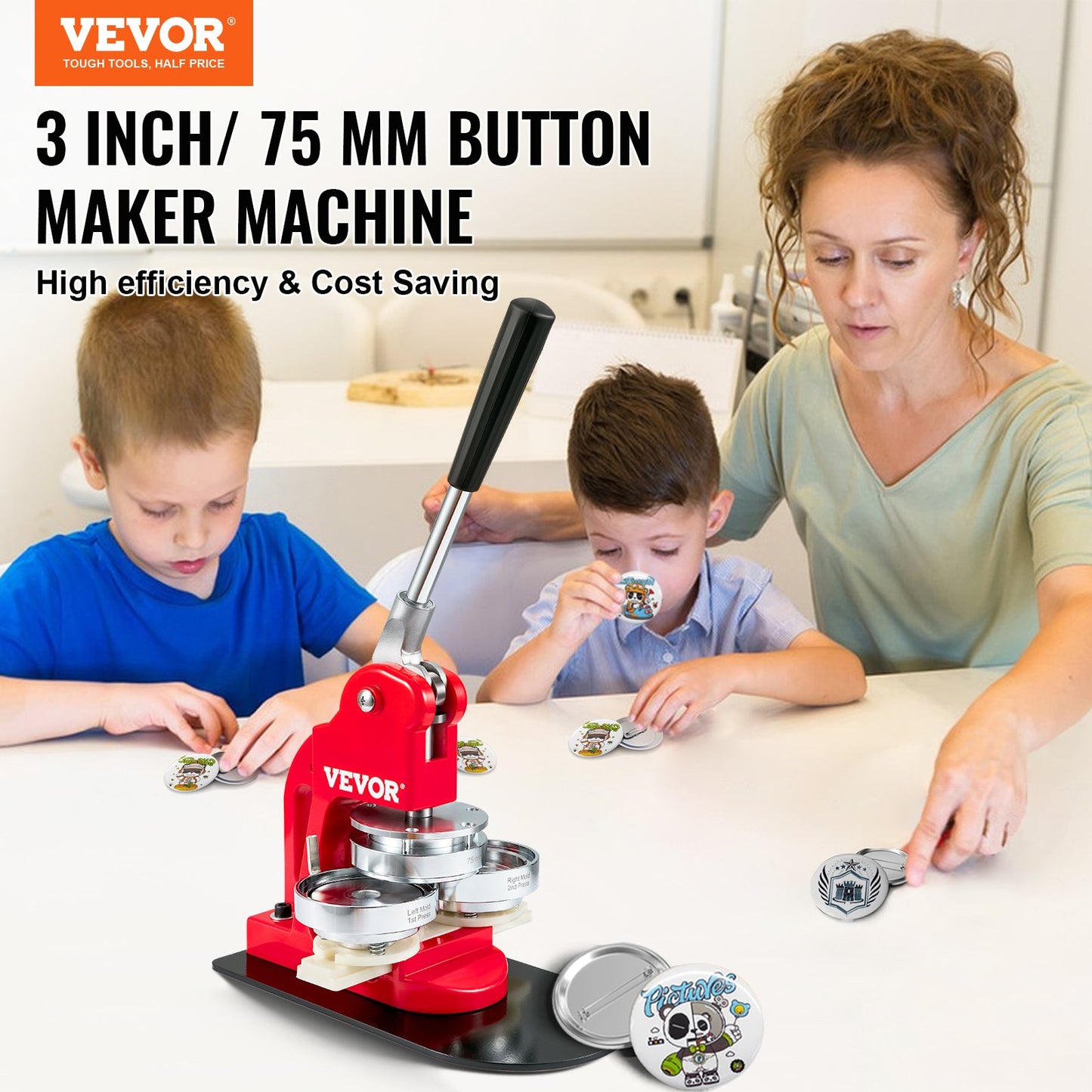 Button Maker Machine, 75 mm (3 tum) Badge Punch Press Kit, Barn DIY-presenter Pin Maker, Tillbehör för knapptillverkning med 500 st knappdelar & Circle Cutter & Magic Book
