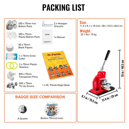 Button Maker Machine, 75 mm (3 tum) Badge Punch Press Kit, Barn DIY-presenter Pin Maker, Tillbehör för knapptillverkning med 500 st knappdelar & Circle Cutter & Magic Book