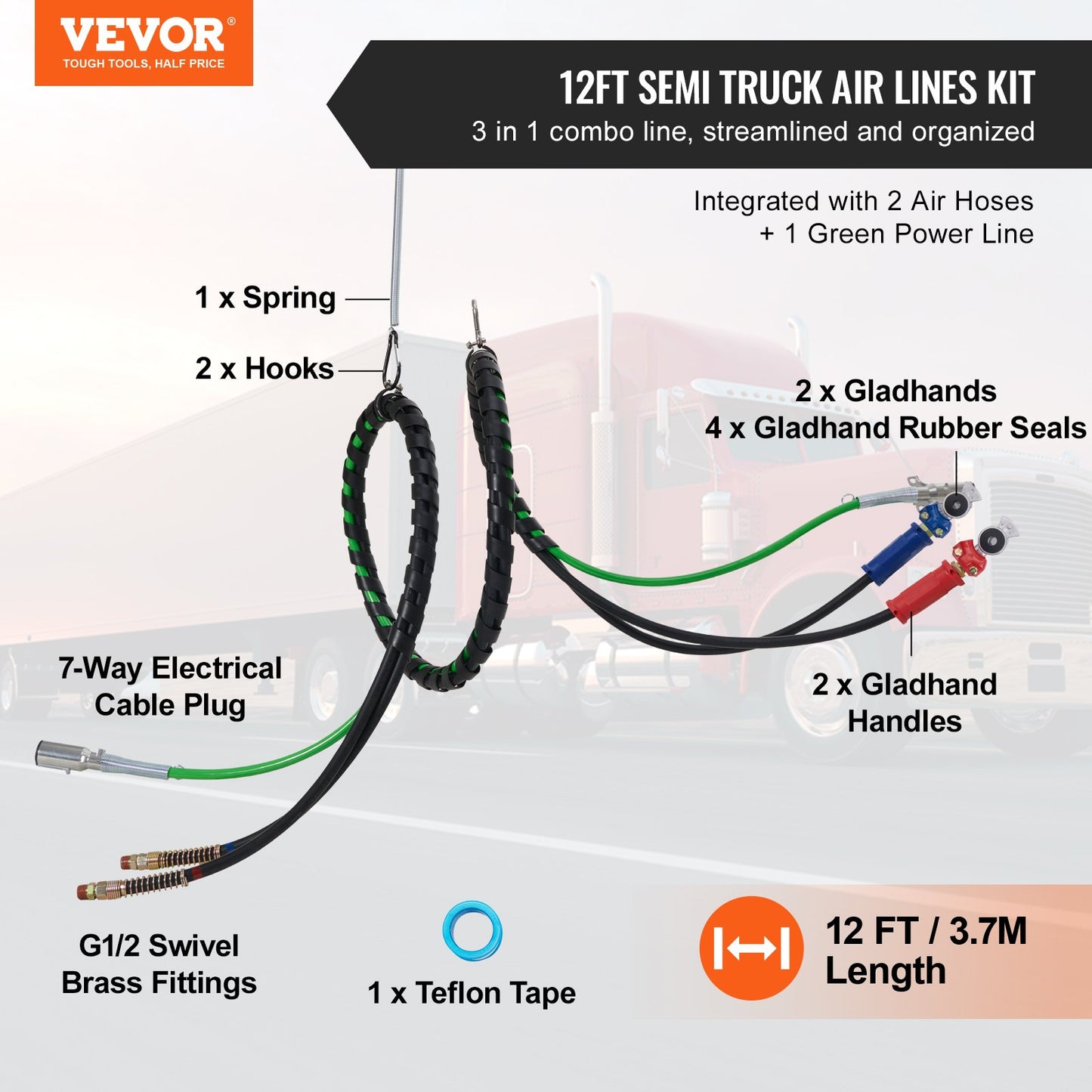 15FT 3-i-1 Semi Truck Air Lines Kit med 2PCS Glad Hands and Hands