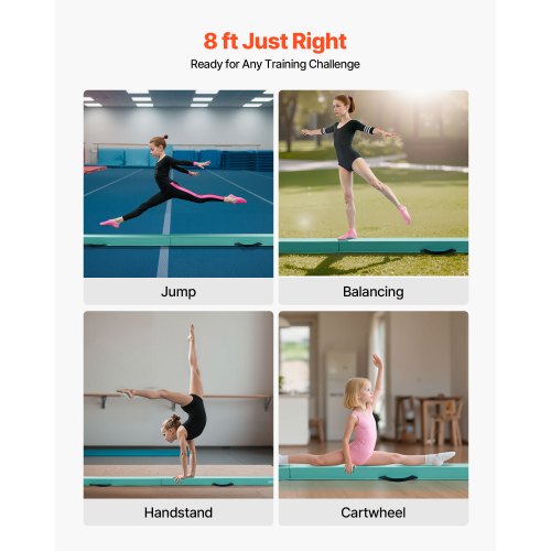 8FT Hopfällbar Balansbom för Barn, 90,7 KG Stabilt Stöd Gymnastikgolvbom med Halkfria Mattor, Gymnastikträningsutrustning med Halkfri Botten och Bärväska för Hemmagym, Mintgrön |  EU