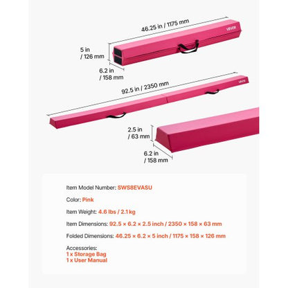 8FT Hopfällbar Balansbom för Barn, 90,7 KG Stabil Stöd Gymnastik Golvbom med Halkfria Mattor, Gymnastikträningsutrustning med Halkfri Botten och Bärväska för Hemmagym, Rosa |  EU