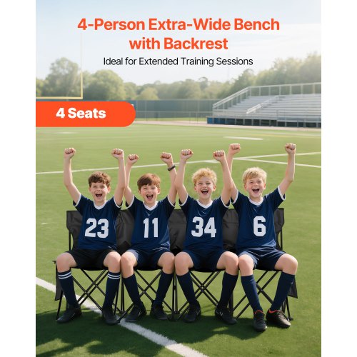 Bärbar Hopfällbar Bänk, 4-sits Hopfällbar Fotbollsbänk med Sidofickor och Bärväska, Lätt Sidosittplats med Ryggstöd för Fotboll, Baseboll, Camping, Utomhusevenemang, Svart |  EU