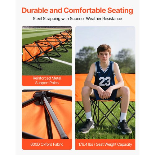 Bärbar Hopfällbar Bänk, 6-sits Hopfällbar Fotbollsbänk med Sidofickor och Bärväska, Lätt Sidosittplats med Ryggstöd för Fotboll, Baseboll, Camping, Utomhusevenemang, Orange |  EU