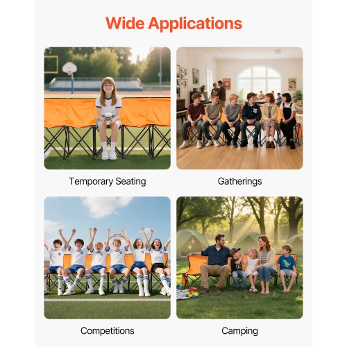 Bärbar Hopfällbar Bänk, 6-sits Hopfällbar Fotbollsbänk med Sidofickor och Bärväska, Lätt Sidosittplats med Ryggstöd för Fotboll, Baseboll, Camping, Utomhusevenemang, Orange |  EU