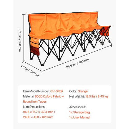 Bärbar Hopfällbar Bänk, 6-sits Hopfällbar Fotbollsbänk med Sidofickor och Bärväska, Lätt Sidosittplats med Ryggstöd för Fotboll, Baseboll, Camping, Utomhusevenemang, Orange |  EU