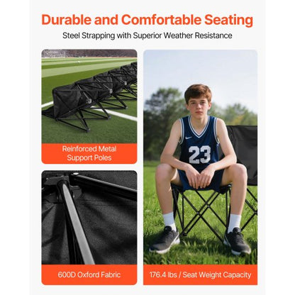 Bärbar Hopfällbar Bänk, 6-sits Fotbollsbänk med Flera Förvaringsfickor och Bärväska, Lätt Sidlinjesittplats med Ryggstöd för Fotboll, Baseboll, Camping, Utomhusevenemang, Svart |  EU