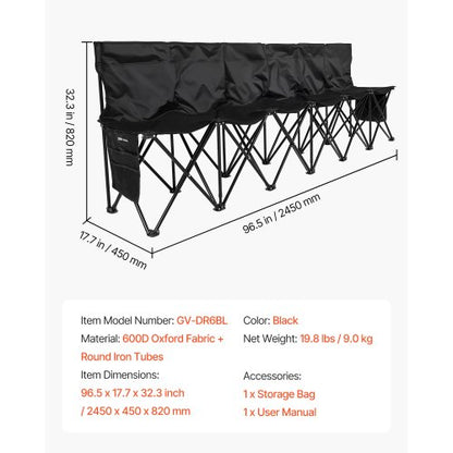 Bärbar Hopfällbar Bänk, 6-sits Fotbollsbänk med Flera Förvaringsfickor och Bärväska, Lätt Sidlinjesittplats med Ryggstöd för Fotboll, Baseboll, Camping, Utomhusevenemang, Svart |  EU