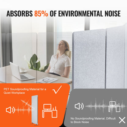 2FT Room Divider 3 Paneler PET Polyester Ljudisolerad Privacy Screen Grå